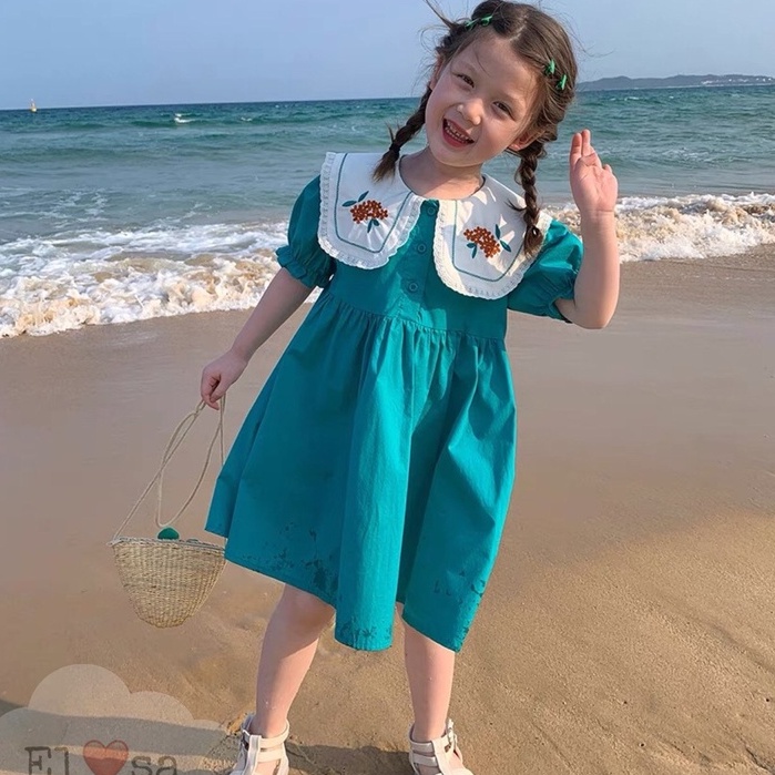 Váy thô đũi mềm 2 màu X.Dương_ hồng cho bé gái, váy baby doll Zara xuất dư thêu hoa cổ dáng tiểu thư xoè cực xinh