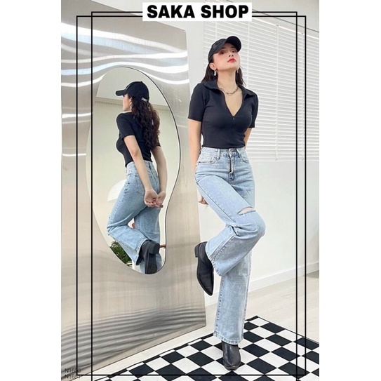 Áo croptop nữ cổ sơ mi dây kéo khoá phía trước