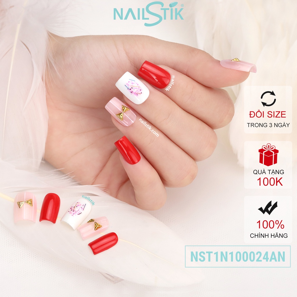 Móng úp thiết kế by NAILSTIK, màu đỏ trắng, form móng ngang, ngắn/dài, 024