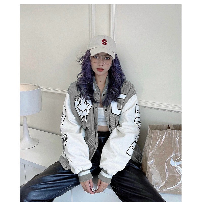 Áo Khoác Bomber Nhung Gân Tăm Thêu G-SMILE Jacket Varsity GONZ Unisex Form Rộng Ulzzang - La mode