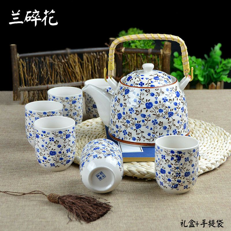 Bộ ấm chén uống trà có lõi lọc hoạ tiết hoa nhí xanh dương độc đáo