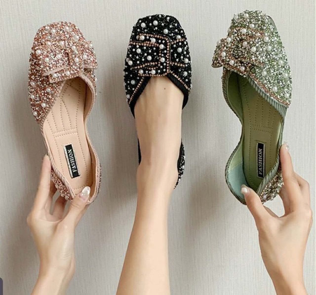 [Free ship-Kèm ảnh thật] Giày búp bê nữ nơ mũi vuông đính ngọc đá hàng Quảng Châu cao cấp full box | BigBuy360 - bigbuy360.vn