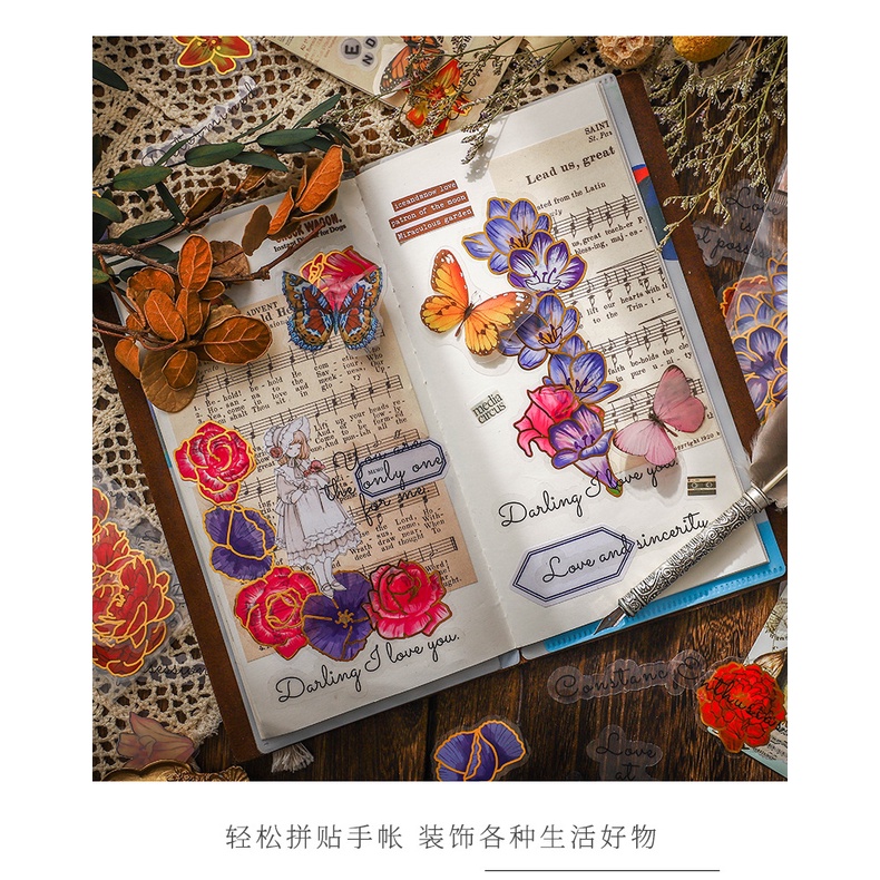 Set sticker vintage hình hoa độc đáo cỡ lớn, hình dán sticker trang trí sổ tay, nhật ký, thiệp mừng