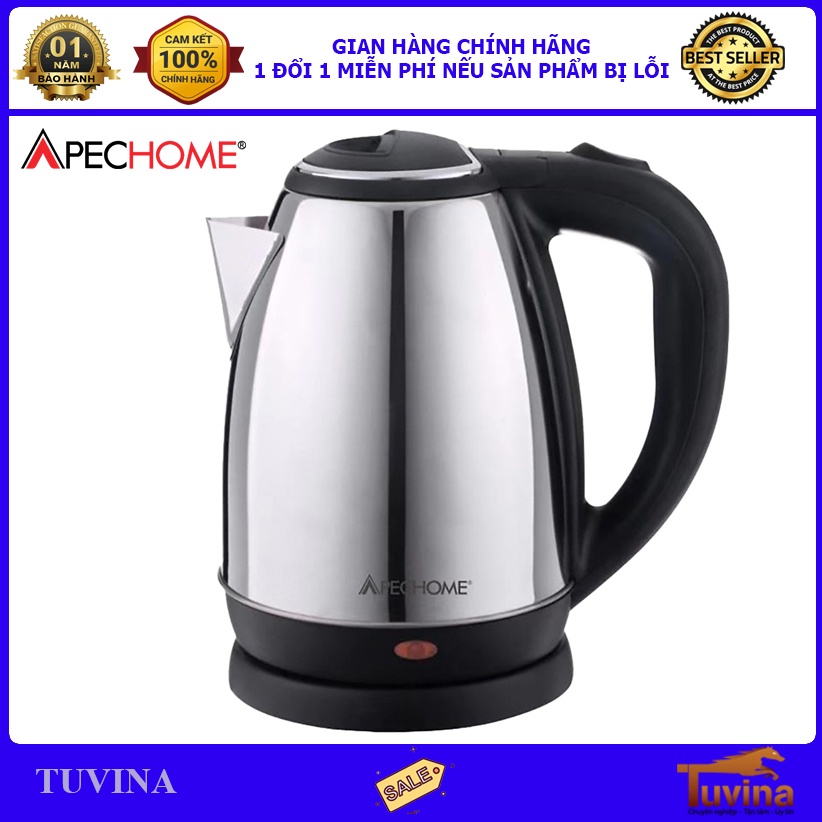 Ấm Siêu Tốc Inox Apechome APH-ST05IN  1.8 Lít Đun Sôi Cực Nhanh - Hàng Chính Hãng (Bảo Hành 12 Tháng)