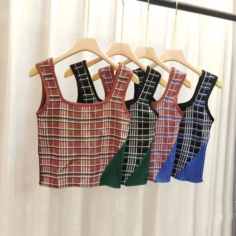 Áo Hai Dây Dệt Kim Ôm Dáng Họa Tiết Kẻ Sọc Màu Sắc Tương Phản Thời Trang Cho Nữ