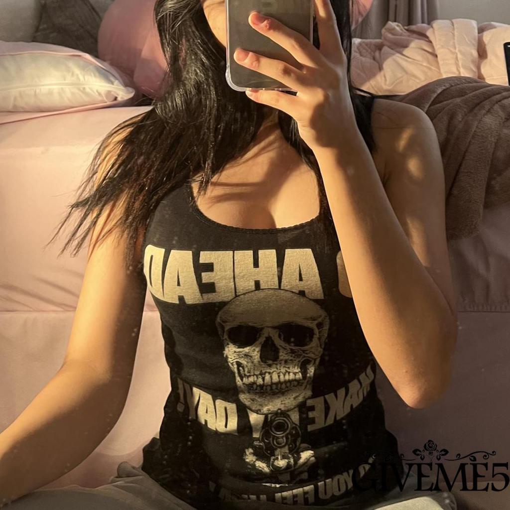 Áo Thun Ba Lỗ Cổ Chữ U In Hình Đầu Lâu Màu Đen Size S/M/L/ XL Cho Nữ