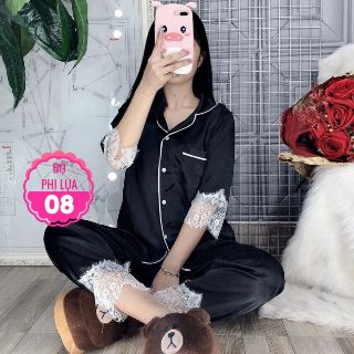 Đồ bộ pijama phi lụa viền ren tay lỡ size dưới 60kg