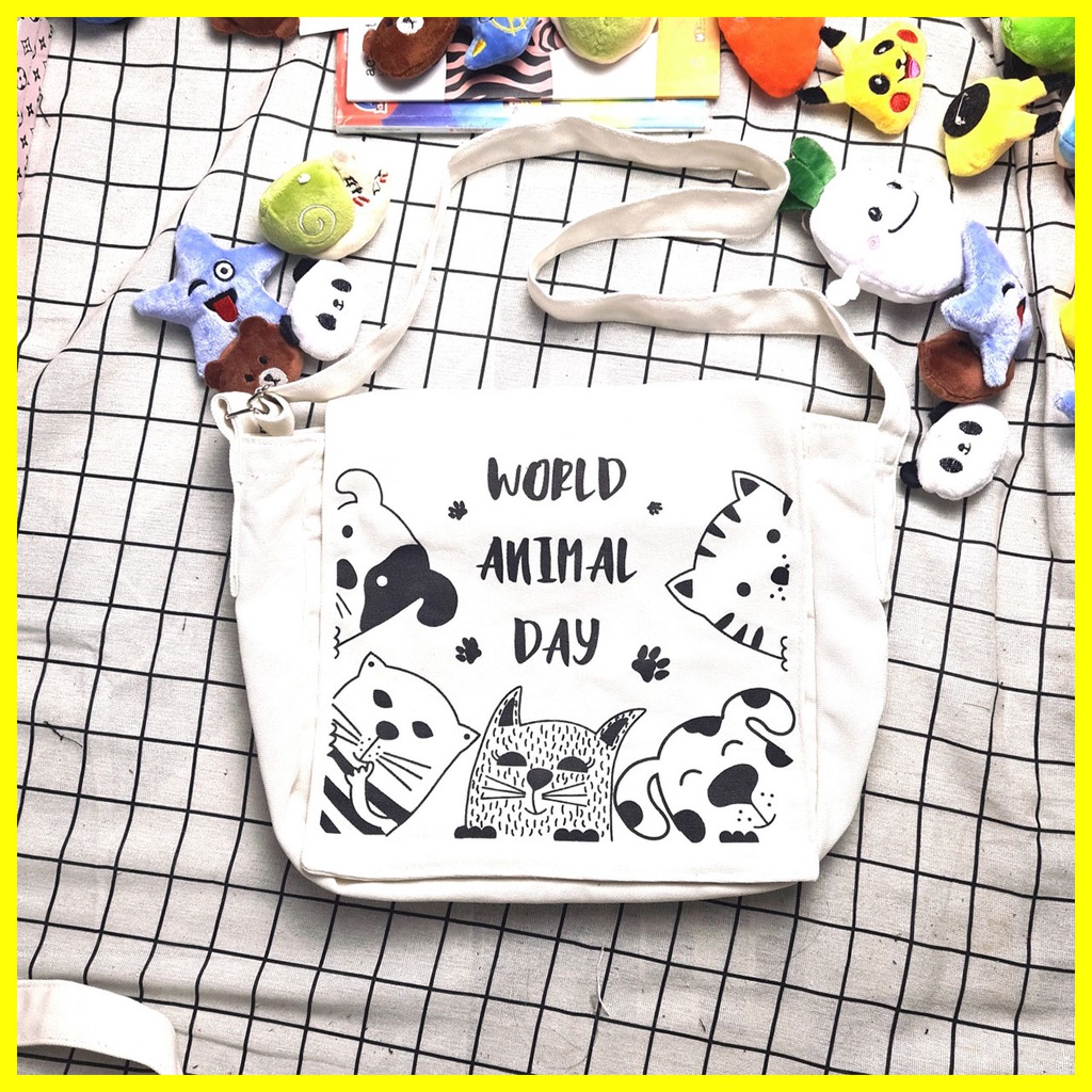 Túi đeo chéo nữ cao cấp WORLD ANIMAL DAY chất vải canvas phong cách UNISEX đi học đi chơi đều đẹp.