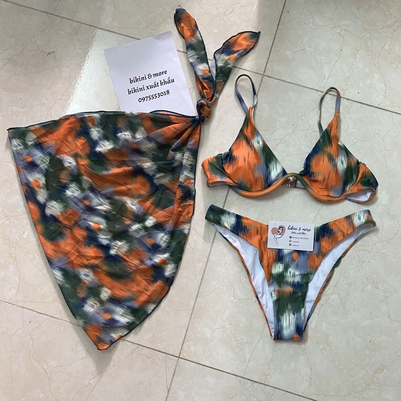 [BKN1533] &lt;ÂU&gt; SET BIKINI 3 MÓN LOANG CAM XANH KÈM KHĂN HÔNG (CÓ GỌNG)