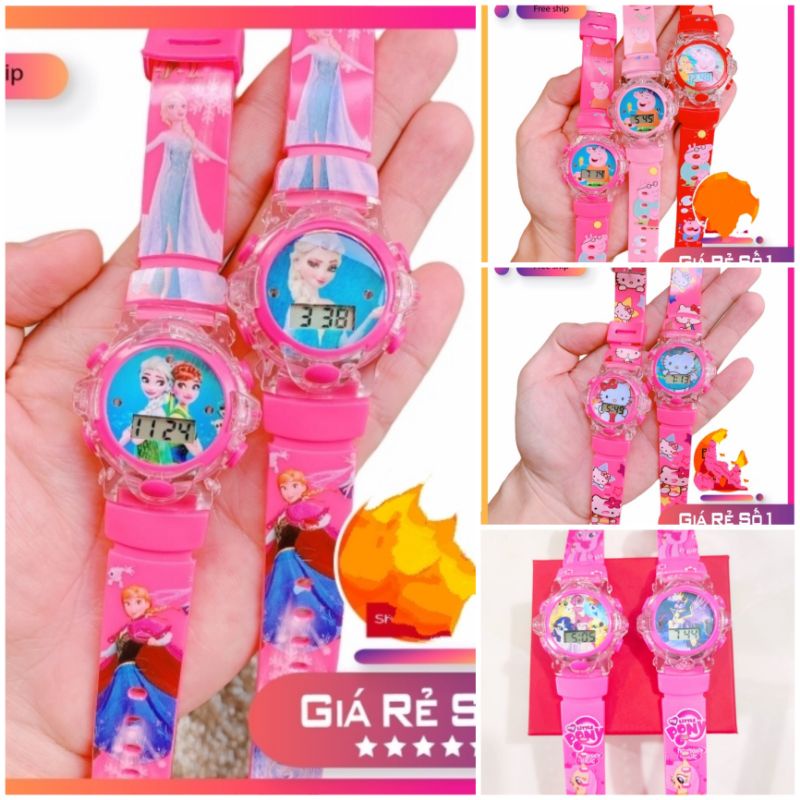 (Có đèn + nhạc) Đồng Hồ Điện Tử cho bé trai Bé gái hoạt hình công chúa Elsa heo Peppa Pony mèo Kitty Doremon cho bé