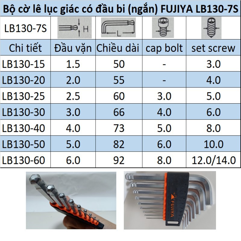 [Sản xuất tại Nhật] Bộ cờ lê lục giác có đầu bi (ngắn) FUJIYA LB130-7S made in Japan