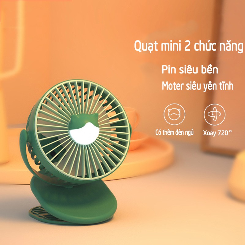 Quạt mini 2020 [Tích hợp đèn ngủ] Quạt tích điện❤FREESHIP ❤ góc xoay 720 độ, kẹp đa năng tiện dụng, Bảo hành 06 tháng