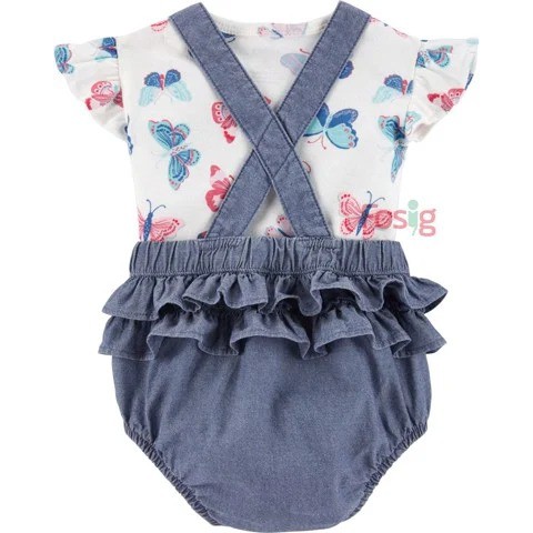 [4-13kg] Set Yếm Bé Gái Màu Xanh Jean Hoạ Tiết