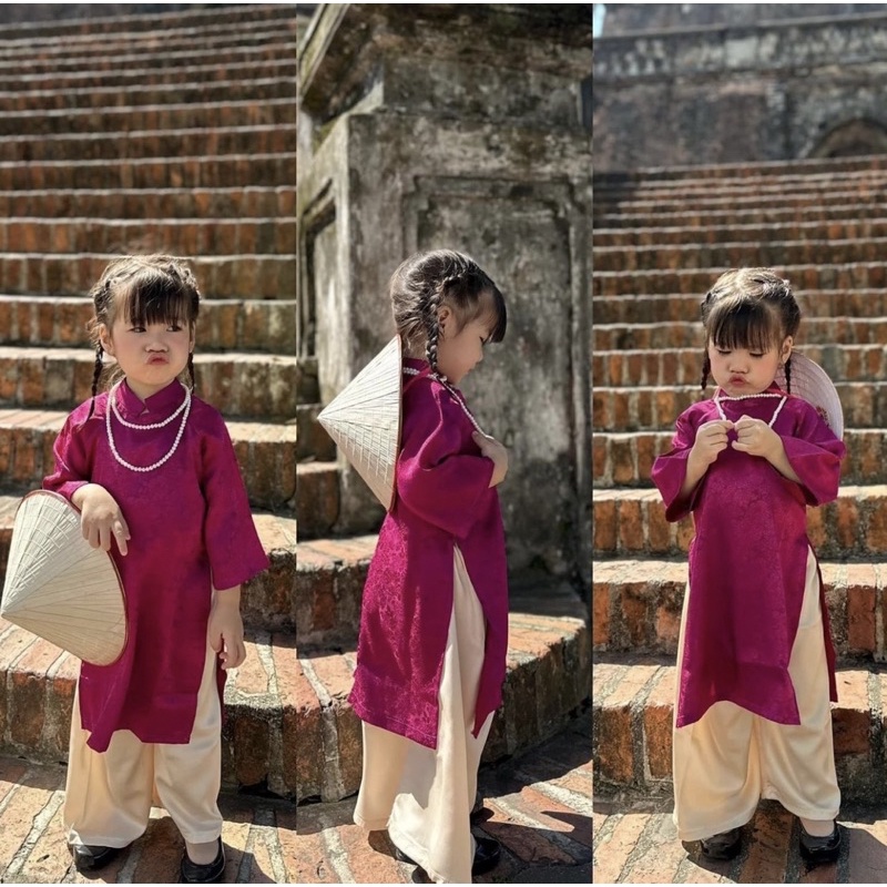 Áo dài cách tân cho bé gái, Áo dài lụa dáng xuông kèm quần ống rộng hàng loại 1