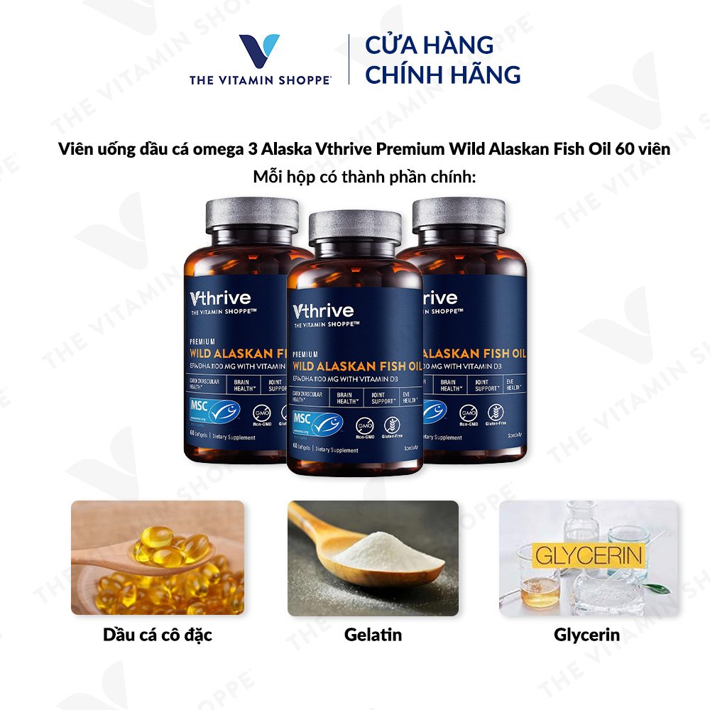 Dầu cá Omega 3 VTHRIVE Premium Wild Alaskan Fish Oil tăng cường sức khỏe tim mạch 60/120 viên