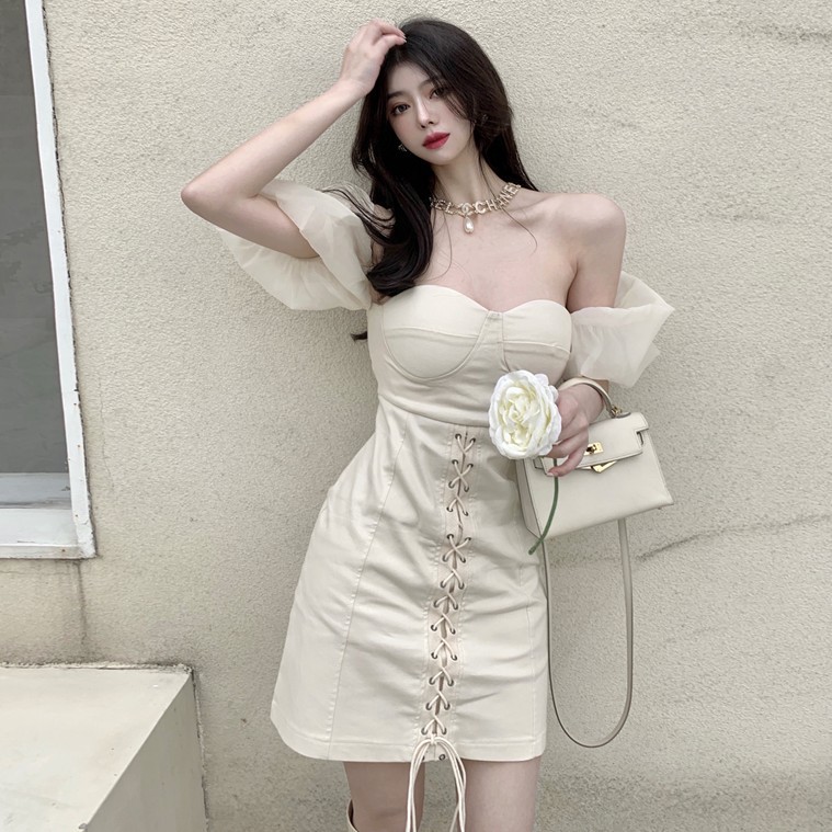 Đầm cúp ngực trễ vai dây rút trước sexy tôn dáng