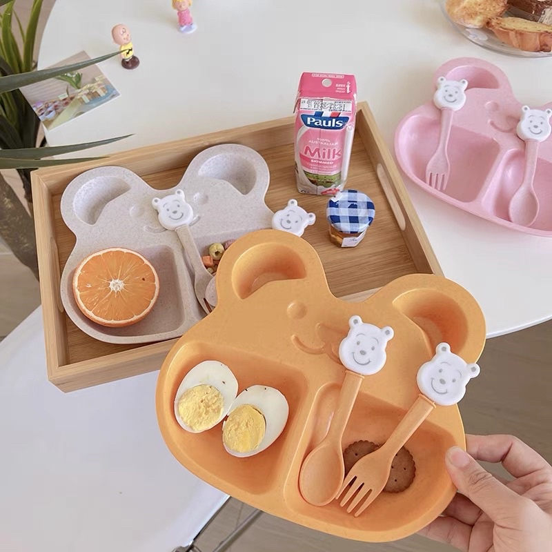 Khay ăn dặm, muỗng, dĩa lúa mạch 3 món cho bé Khay ăn dặm BLW cho bé ăn dặm