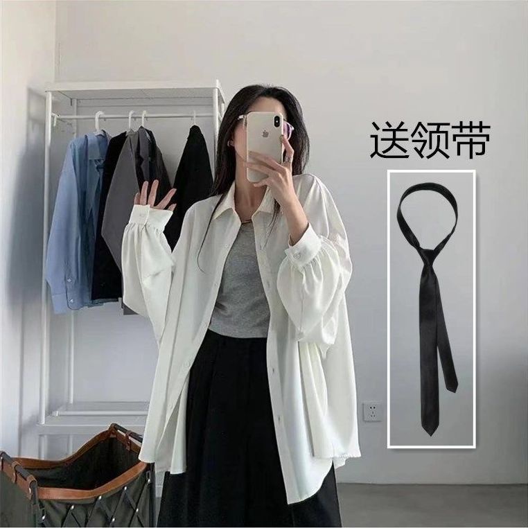 (Hàng Có Sẵn) Áo Sơ Mi Lụa Chống Nắng Màu Trơn Phối Cà Vạt Phong Cách Nhật Bản Cho Nữ Sinh