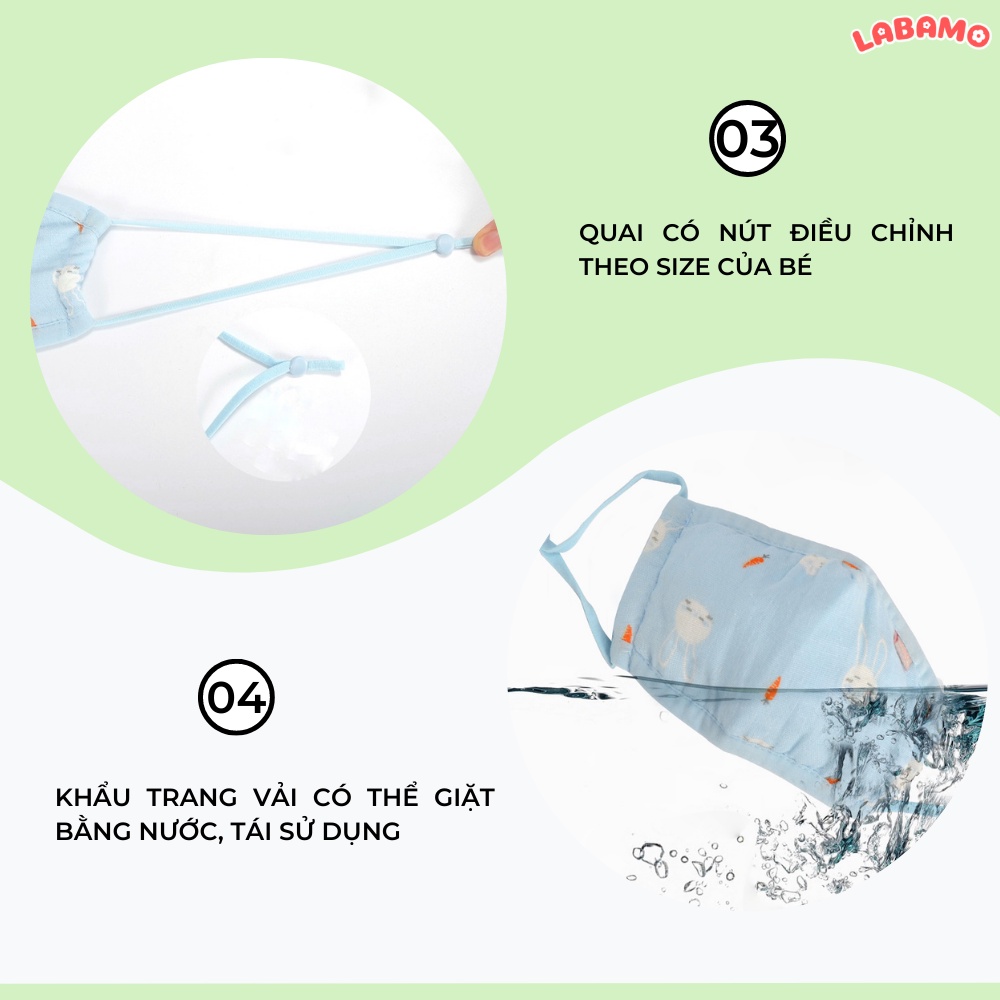 Khẩu trang vải xô cho bé từ sơ sinh đến 8 tuổi  kháng khuẩn chống nắng cotton tự nhiên 3D LABAMO