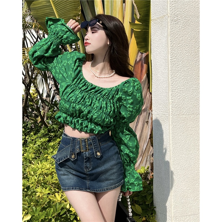 Set Áo Trễ Vai Dài Tay + Quần Short Denim Ống Rộng Thời Trang Nữ