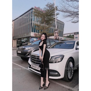 Đầm body cổ u hở lưng xoắn