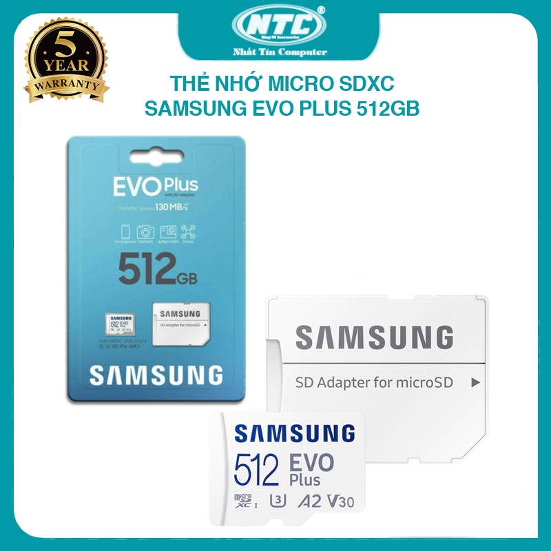 Thẻ nhớ MicroSDXC Samsung Evo Plus 512GB U3 4K R130MB/s W90MB/s kèm Adapter box Anh new 2022 (trắng)