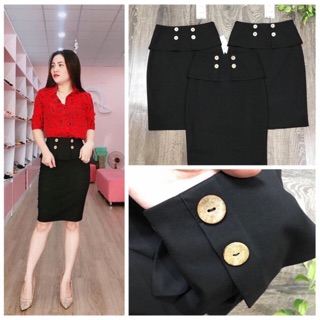 Chân váy peplum khuy gỗ vải tuýtxi công sở