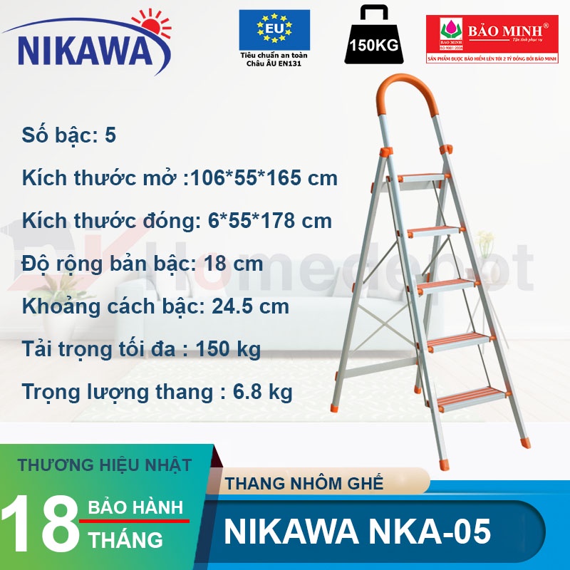 Thang nhôm ghế 5 bậc chữ a có tay vịn gấp gọn Nikawa nhập khẩu Nhật Bản, bảo hành 18 tháng NKA-05