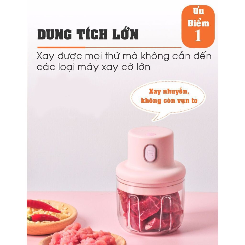 Máy Xay Mini Cầm Tay Sạc Pin , Xay : Thịt, Tôm, Cua, Cá, Tỏi, Ớt, Rau, Củ...