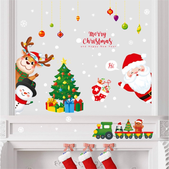 Decal dán tường trang trí Noel - Noel chào khách rèm châu đoàn tàu