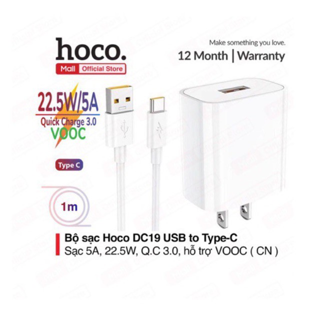 Bộ sạc nhanh Hoco DC19 USB to Type-C sạc nhanh 5A/22.5W, Quick charge 3.0, hỗ trợ sạc VOOC, kèm dây dài 1m