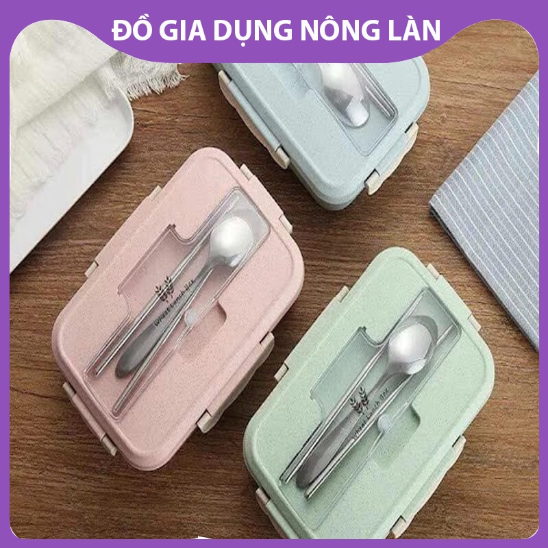 Hộp đựng cơm ăn trưa 3 ngăn lúa mạch kèm muỗn  đũa inox tiện lợi NL Shop