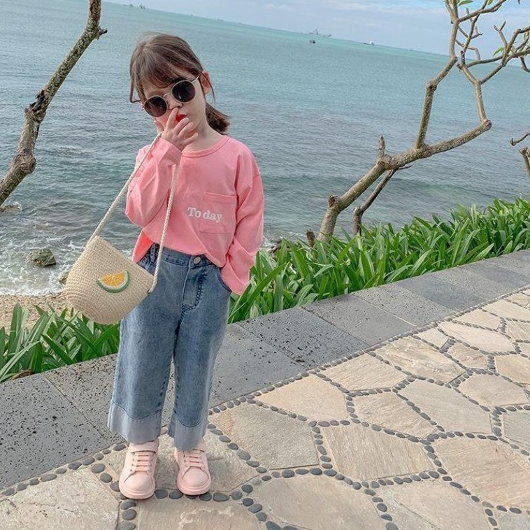 Quần jean lưng thun ống rộng phối túi đơn giản thời trang dành cho bé gái 3-8 tuổi