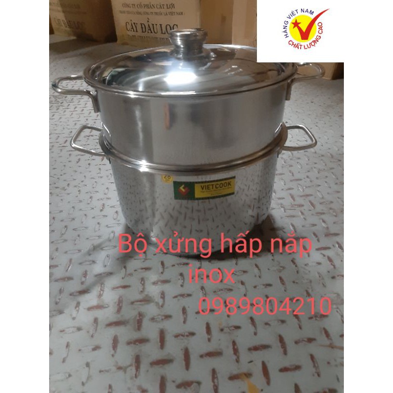 Bộ nồi xửng hấp inox ,xửng hấp inox 2 tầng 3 đáy nắp kính,nắp inox  VietCook đun bếp từ  size 24 chõ hấp xôi