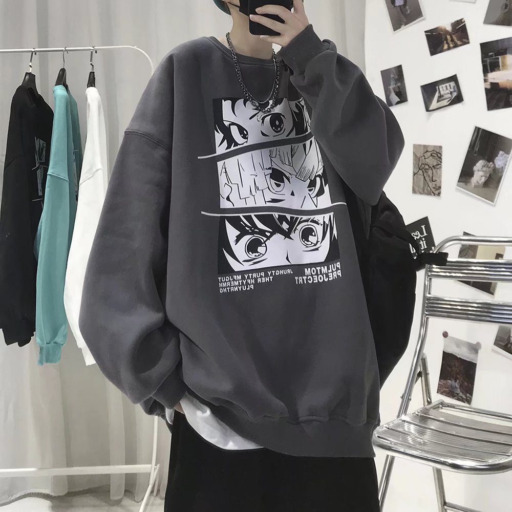 Áo sweater cổ tròn dáng rộng in họa tiết hoạt hình thời trang Unisex