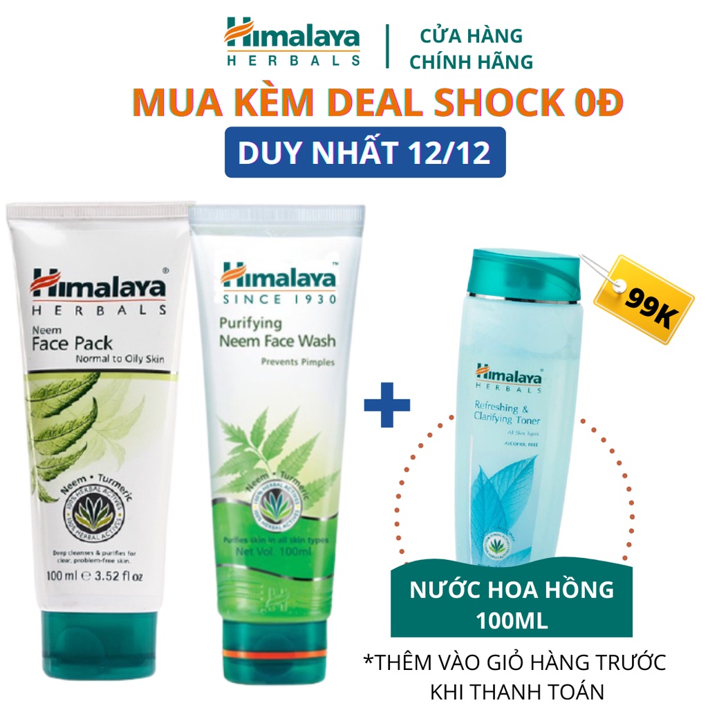 Combo làm sạch bã nhờn, loại bỏ mụn Himalaya Neem Face Wash 100ml và Neem Pack 100ml