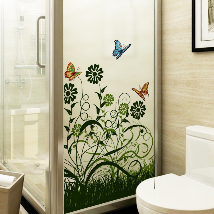 Decal dán kính cao cấp - Cỏ Hoa Xanh Lá và Bướm ( 60x116 )