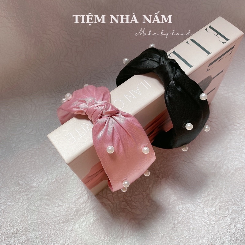 BỜM / CÀI TÓC SATTIN BẢN TO THẮT NÚT ĐÍNH HẠT TRAI - [ Nhà Nấm handmade ]