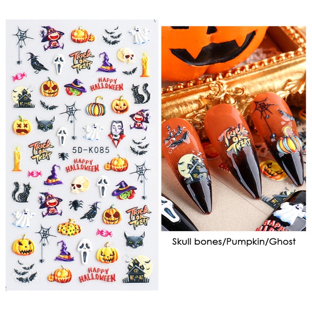 Cod Qipin Nhãn Dán Móng Tay Chạm Khắc Ba Chiều Họa Tiết Đầu Lâu Ma Cà Rồng Halloween Đơn Giản Cho Nữ