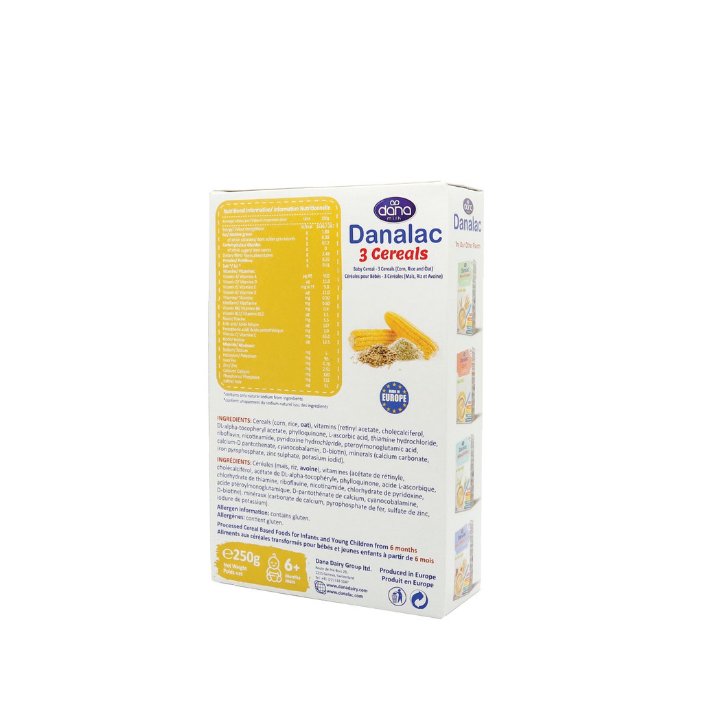 Bột ăn dặm DANALAC 3 loại ngũ cốc nguyên chất - Hộp 250g