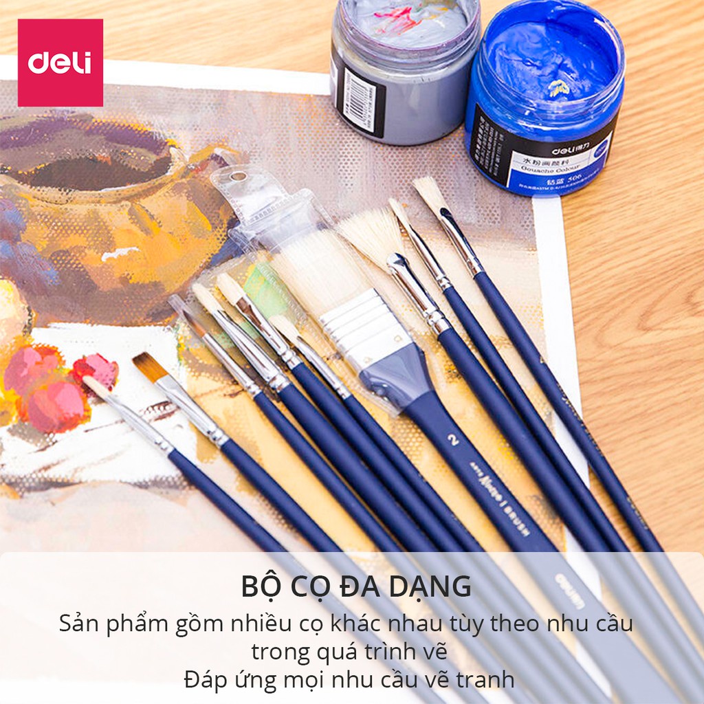 Cọ vẽ chuyên nghiệp DELI cán màu xanh  bộ 10 dụng cụ 73884