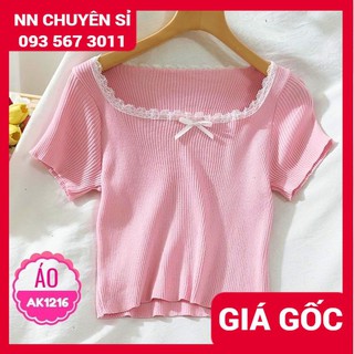 Áo thun gân nữ nhiều màu siêu xinh 🛑 Áo thun gân ôm boby cổ tròn tay ngắn phối nơ xinh xắn AK1316