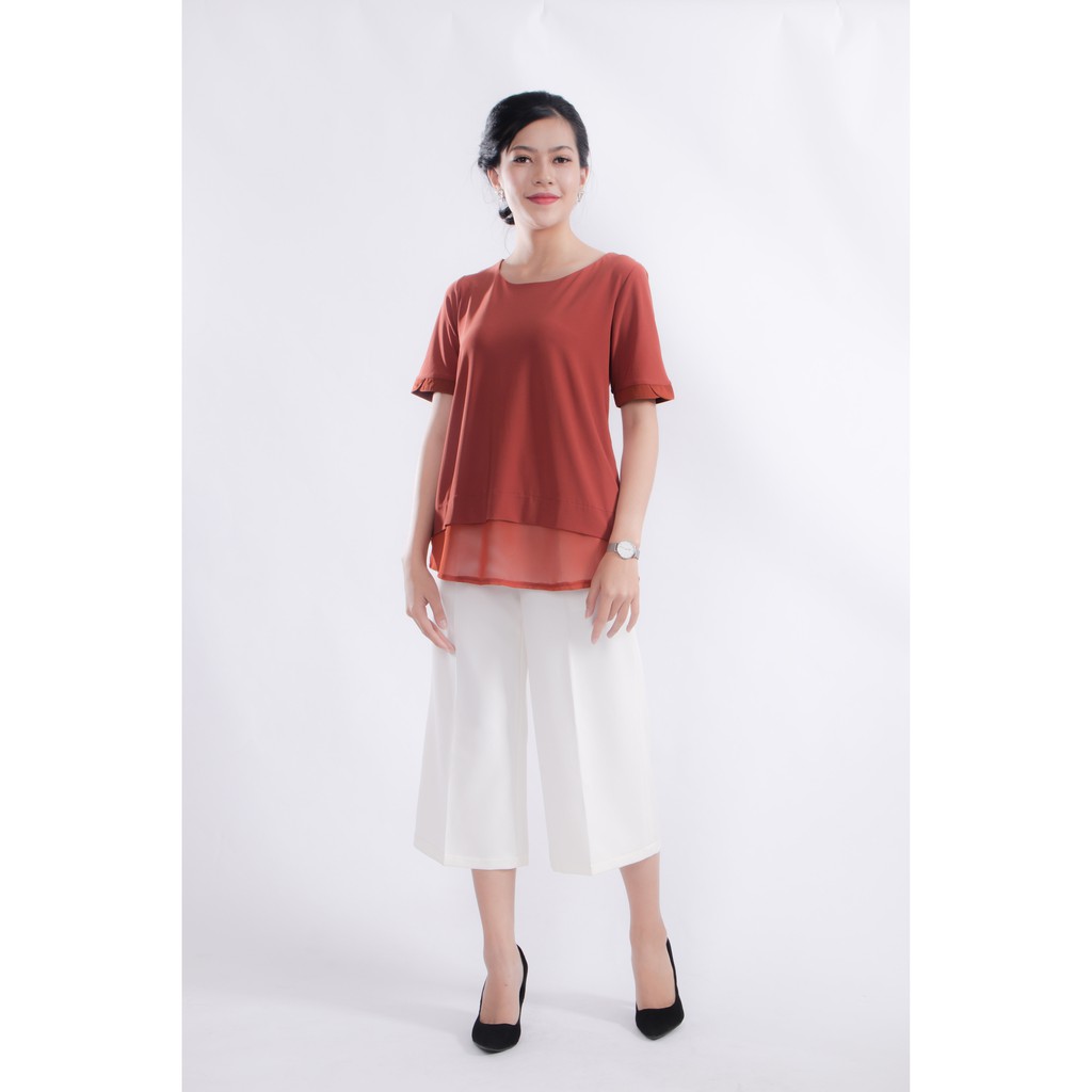 Áo Trung Niên Nữ Thun Lạnh Phối Chiffon Tay Ngắn ALX44 - Cam