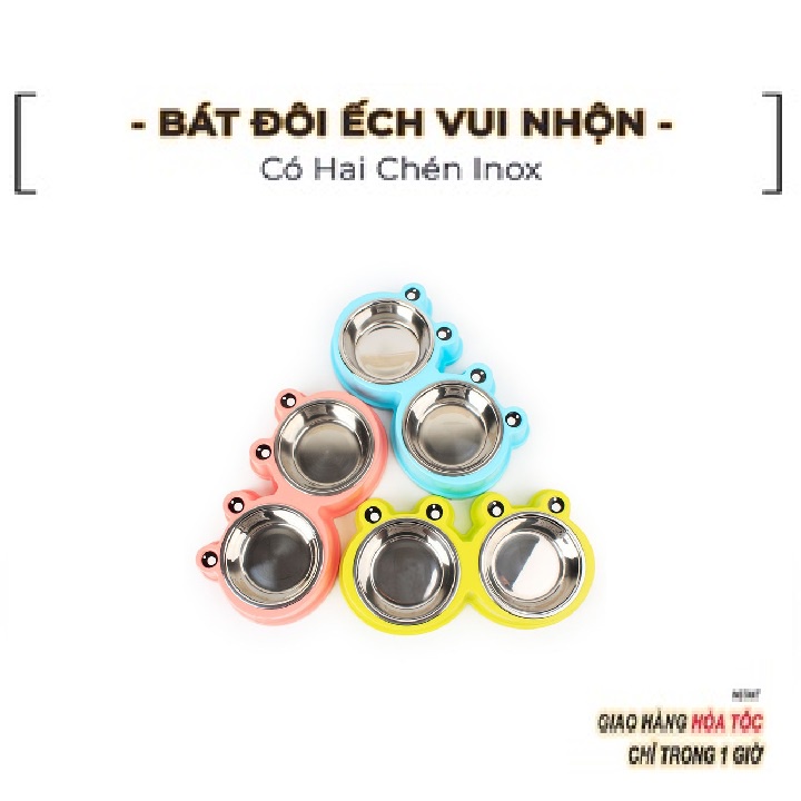 Bát ăn cho chó mèo 2 ngăn lòng inox hình ếch - Bát đựng thức ăn, uống nước cho chó mèo