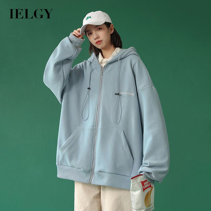 Áo khoác cardigan IELGY dáng rộng màu trơn phối khóa kéo phong cách thể thao thời trang cho nam và nữ