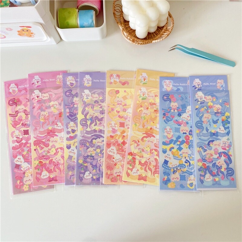 Sticker Hello rabbit-bear_ hình dán trang trí top,card