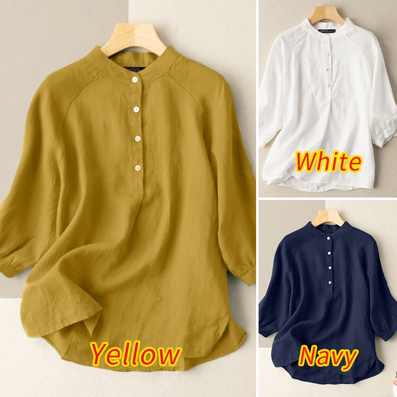 Áo kiểu Zanzea màu trơn cổ đứng tay lửng 3/4 thoải mái cho nữ