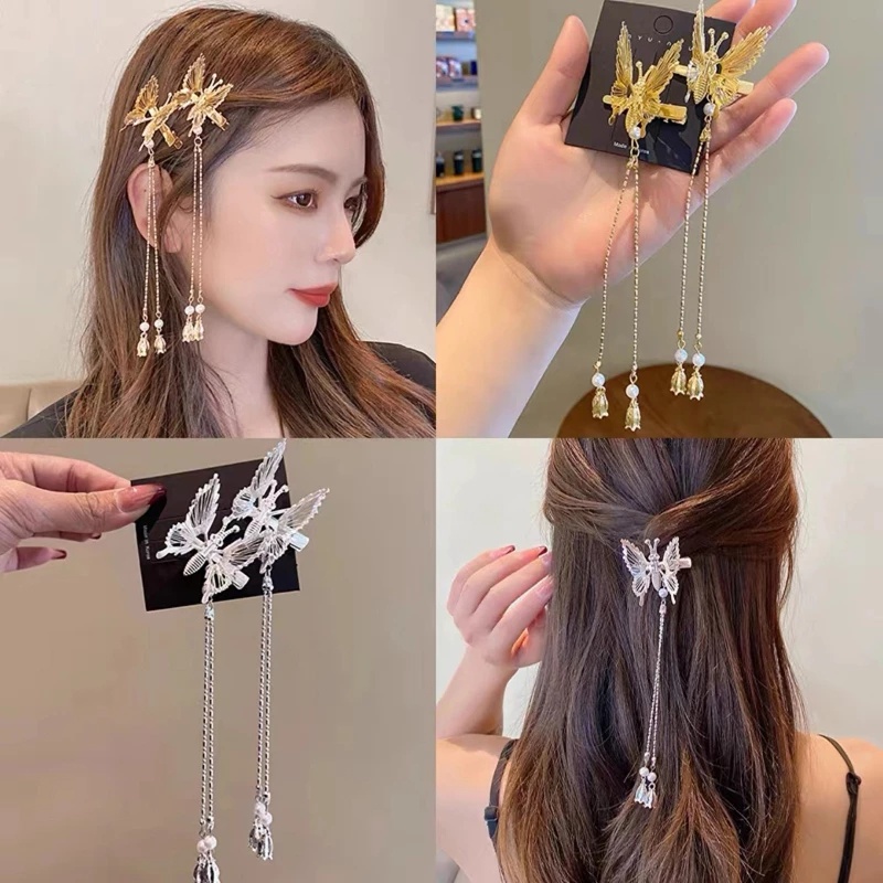1 Kẹp Tóc Hình Bướm Phối Tua Rua Lấp Lánh Thanh Lịch Thời Trang Cho Nữ