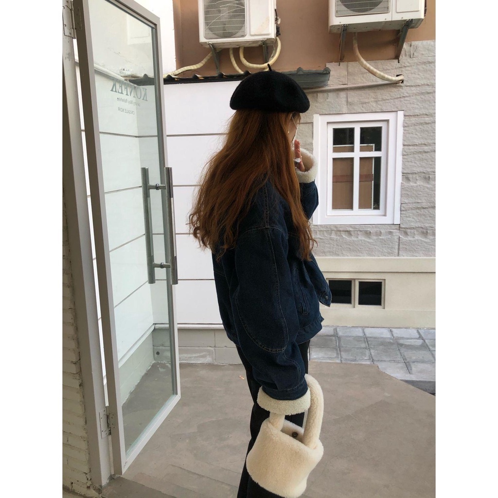 Áo Khoác Jean Lót Lông Cừu Dày Dặn Phong Cách Hàn Quốc Dành Cho Nữ