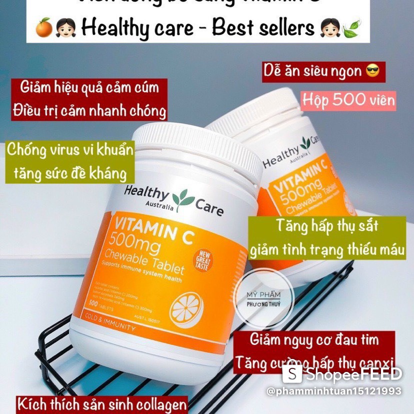 Viên C nhai Healthy Care Vitamin C 500mg 500 viên Xuất xứ Úc